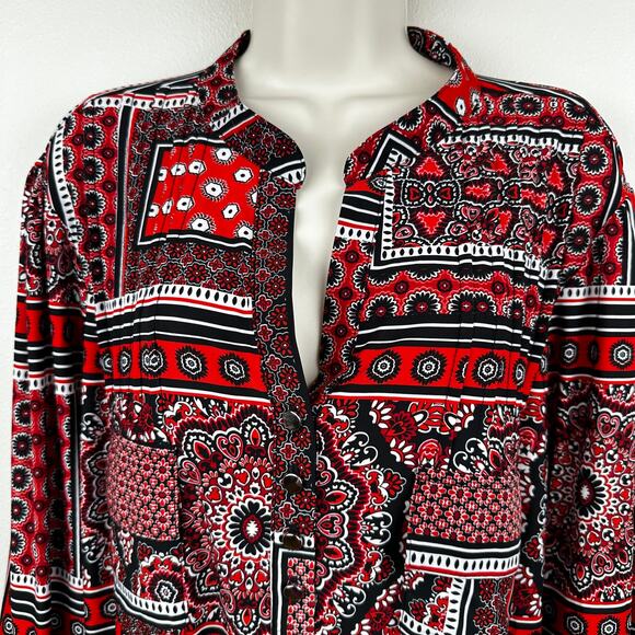 Cocomo Blouse Top Liquid Knit Patchwork Pattern Roll Tab Sleeve Relaxed Red 3X - Picture 2 of 11